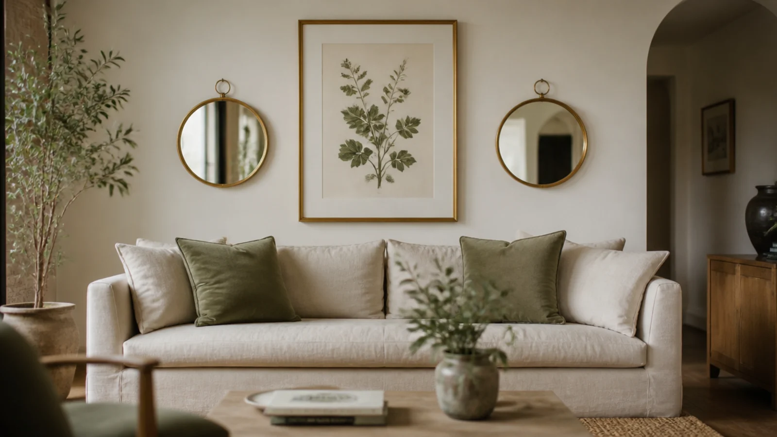 pair of small mirrors flanking a large framed print above a sofa