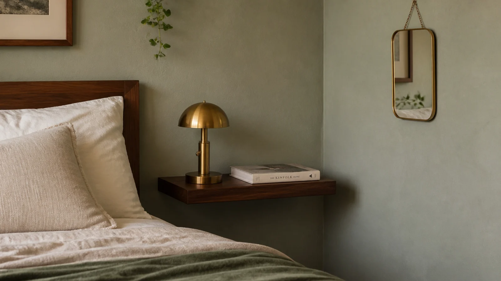 small mirror above a floating bedside shelf beside a linen dressed bed