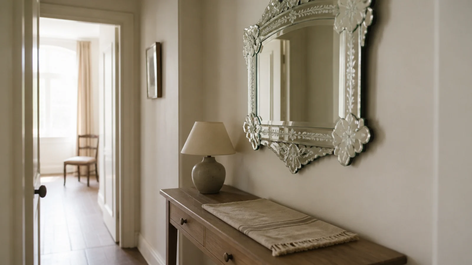 Venetian etched mirror with bevelled glass panels lighting a narrow hall