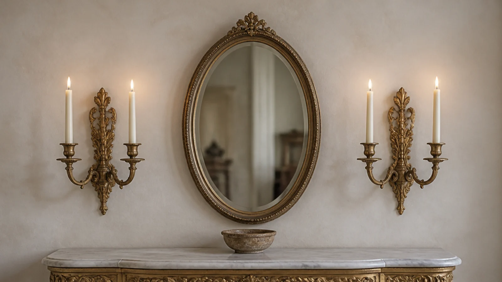 antique gilt candle sconces mounted either side of a vintage wall mirror