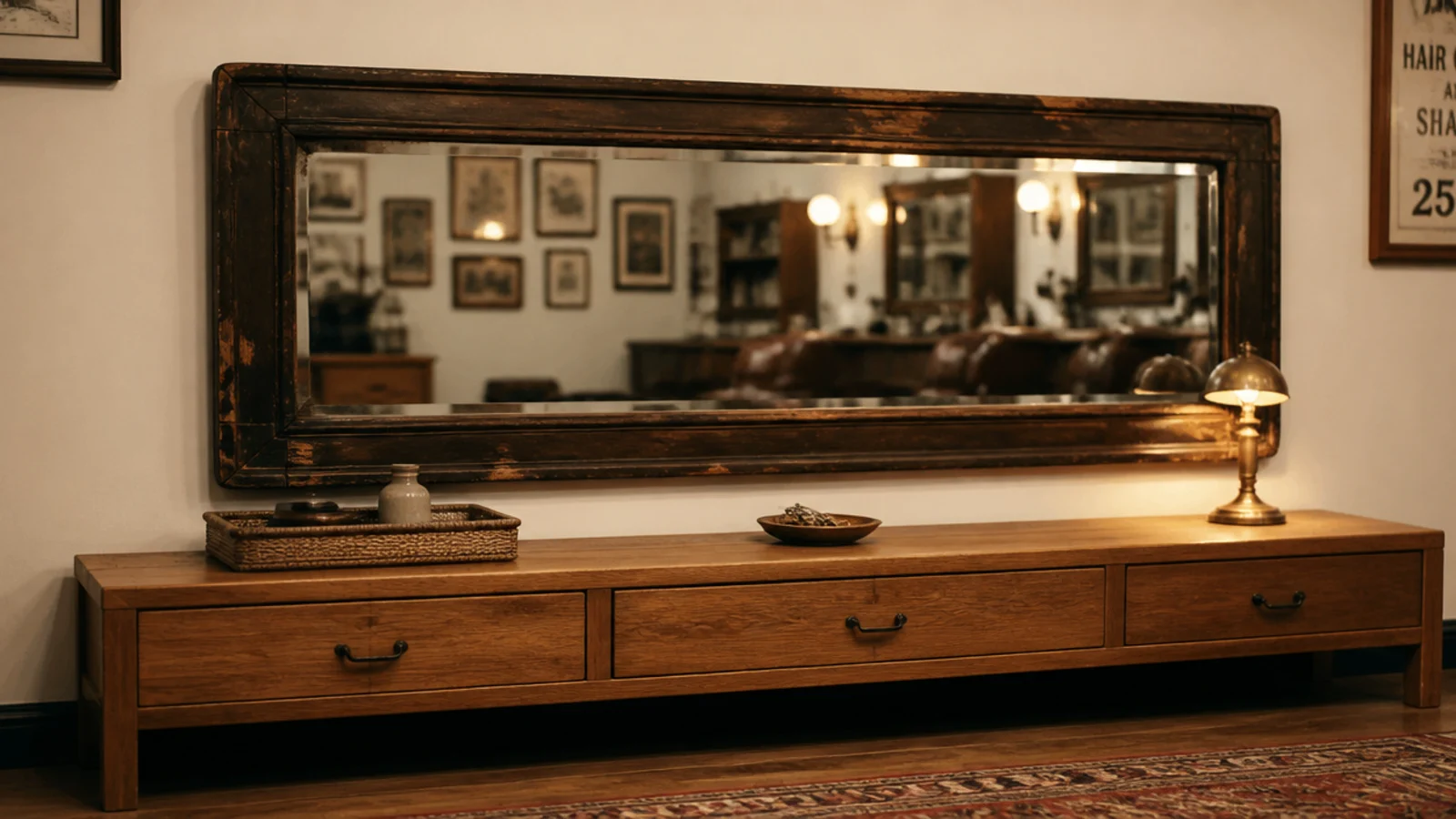 wide vintage barber shop mirror with worn frame above a hallway console