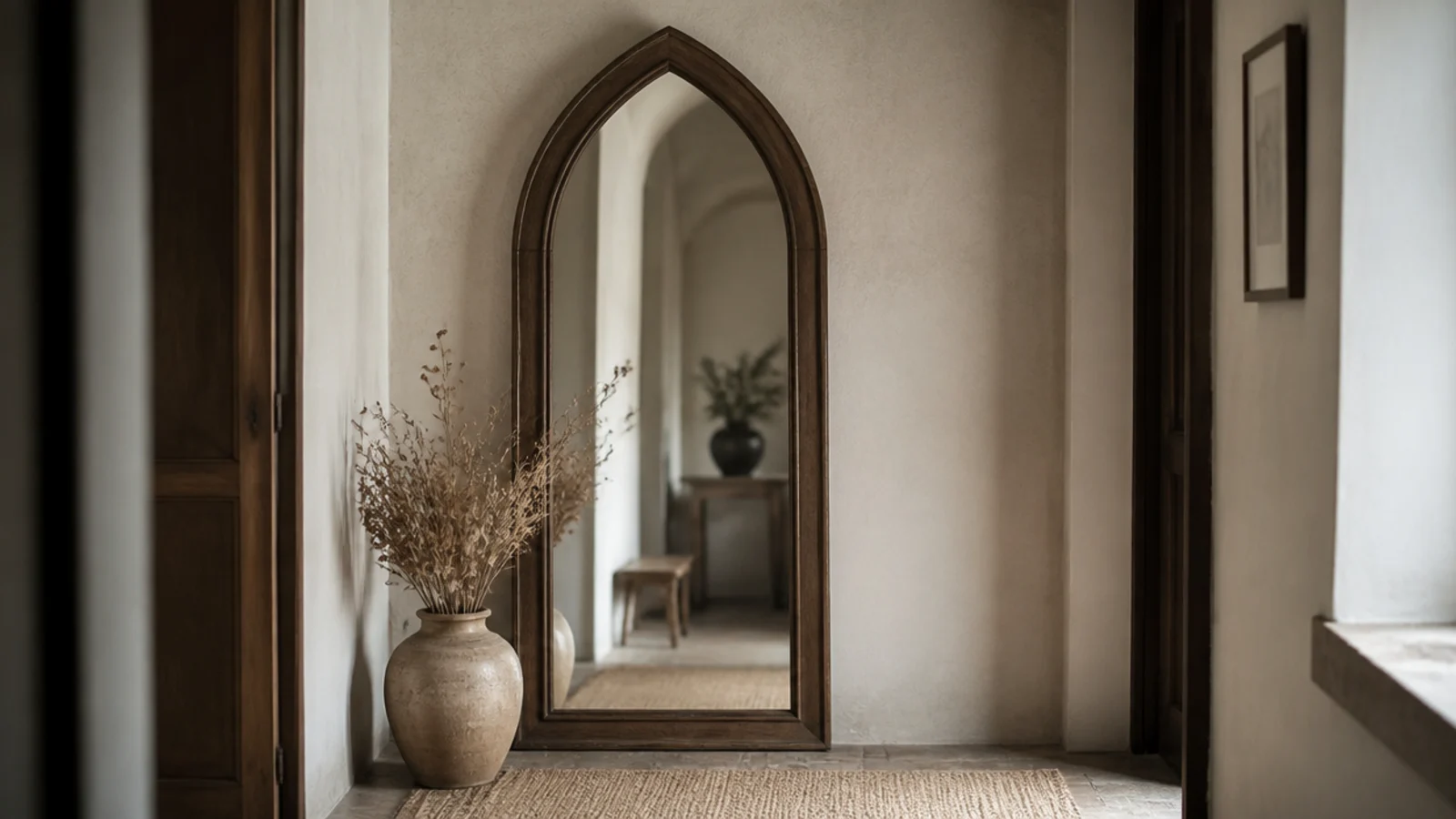tall arched antique mirror with gothic style timber frame on plaster