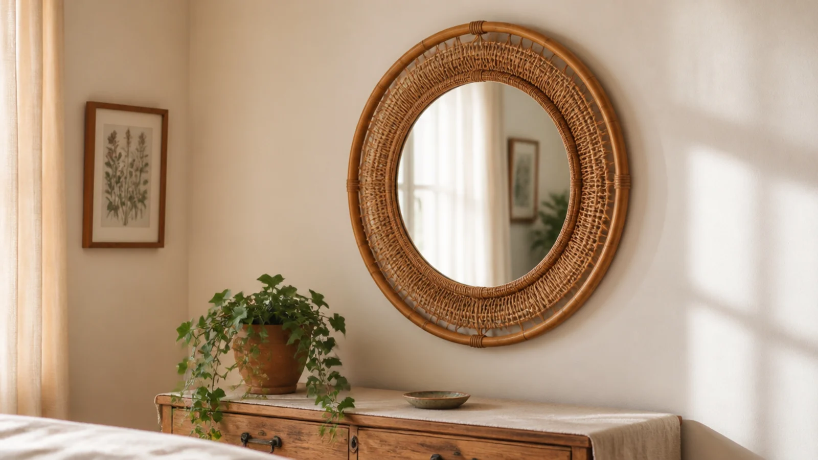 round rattan framed vintage mirror on a warm cream bedroom wall