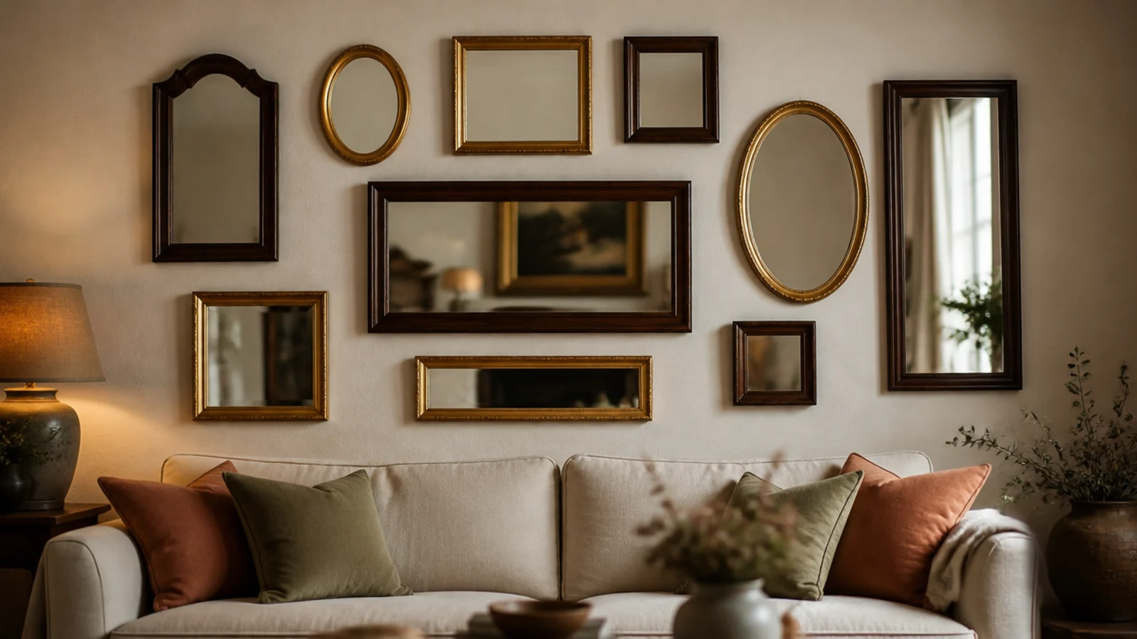 mirror wall combining warm gilt frames with dark walnut frames only