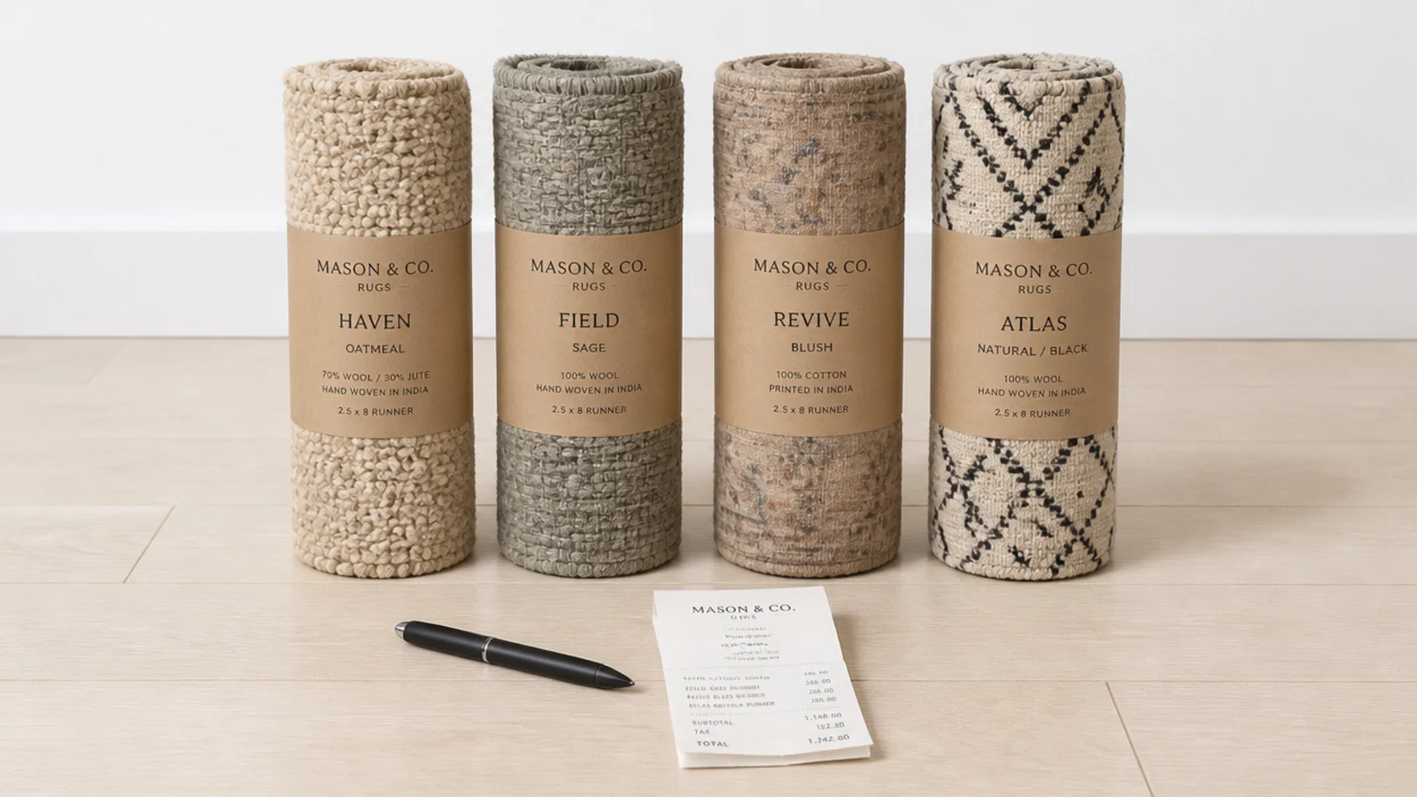price tags and fibre labels compared across four rolled rug samples