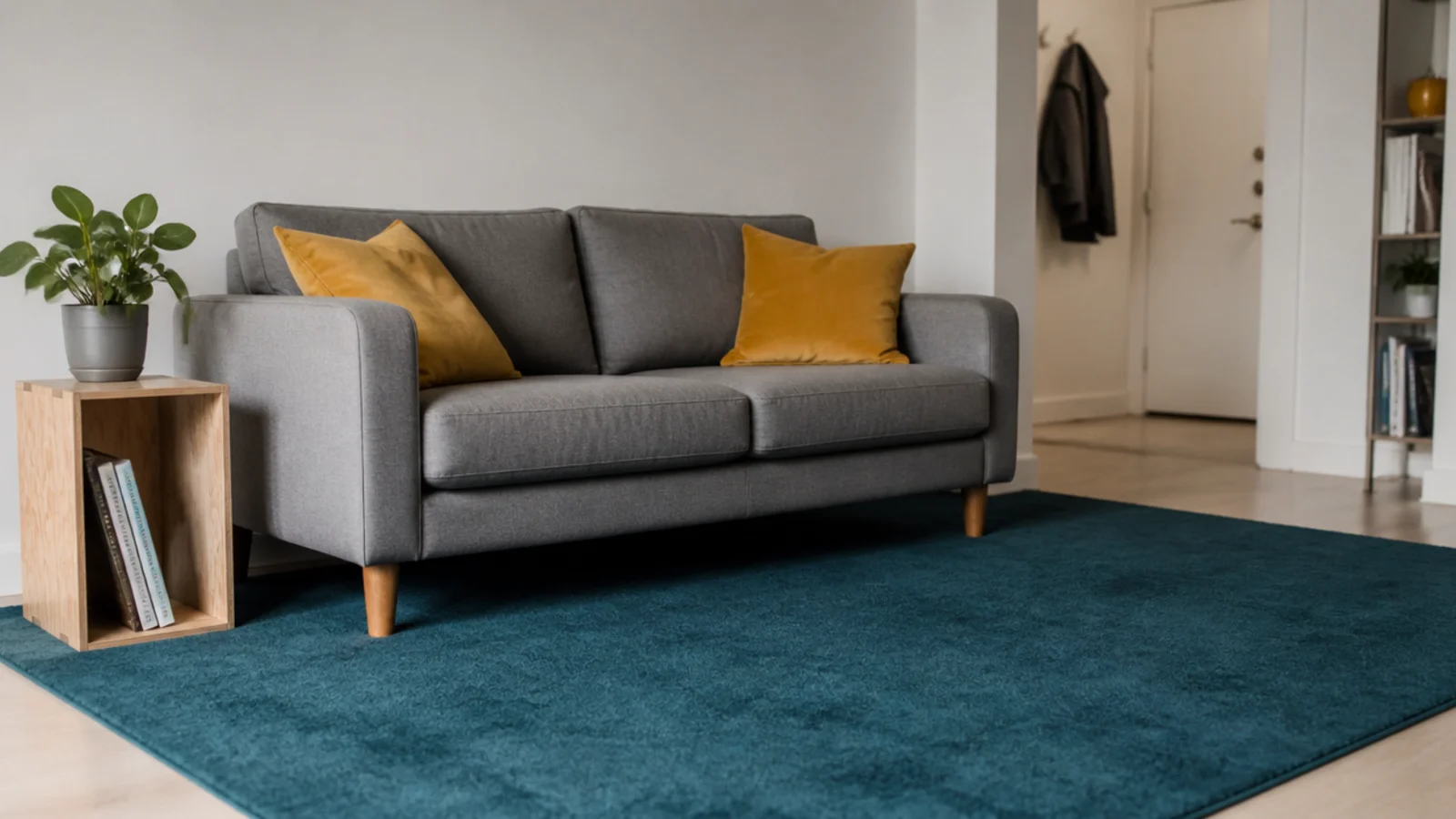 deep teal polyester rug bringing colour into a plain rental room
