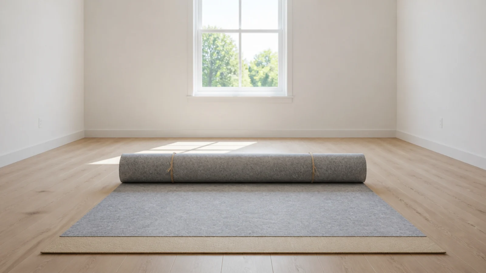 felt and rubber pad half unrolled across bare light wooden boards