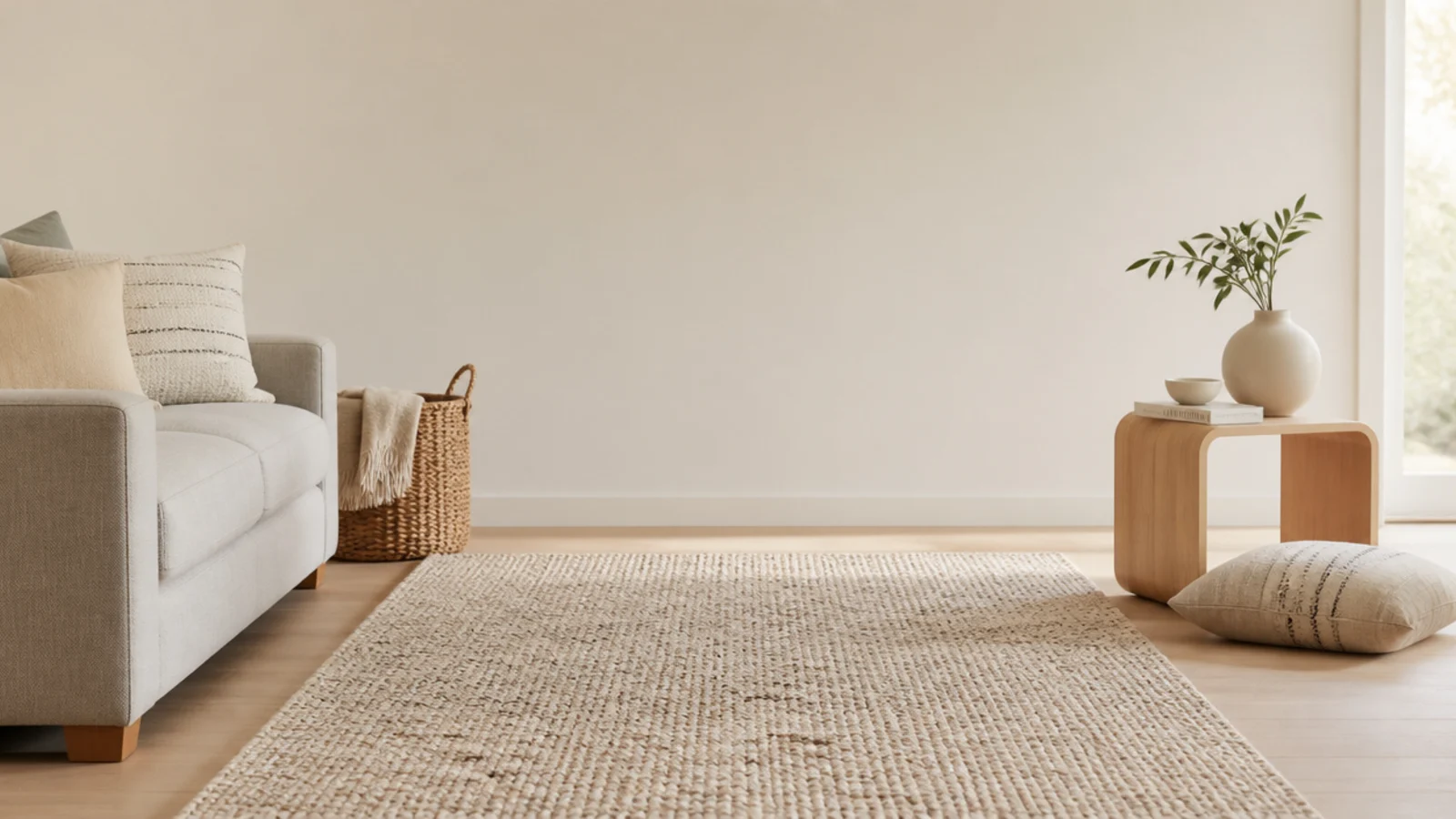 tall view of affordable area rugs in a living room over light boards