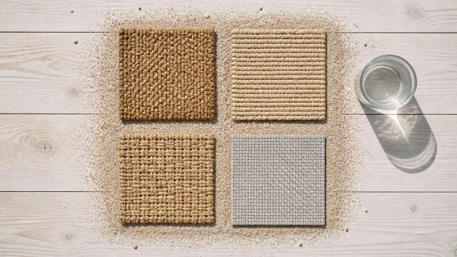 jute sisal and polypropylene samples compared beside a sandy floor