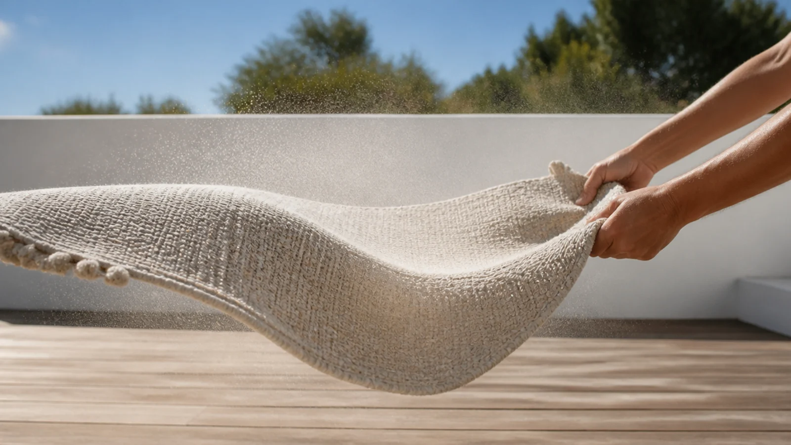 lightweight flatweave rug being shaken out on a sunlit terrace