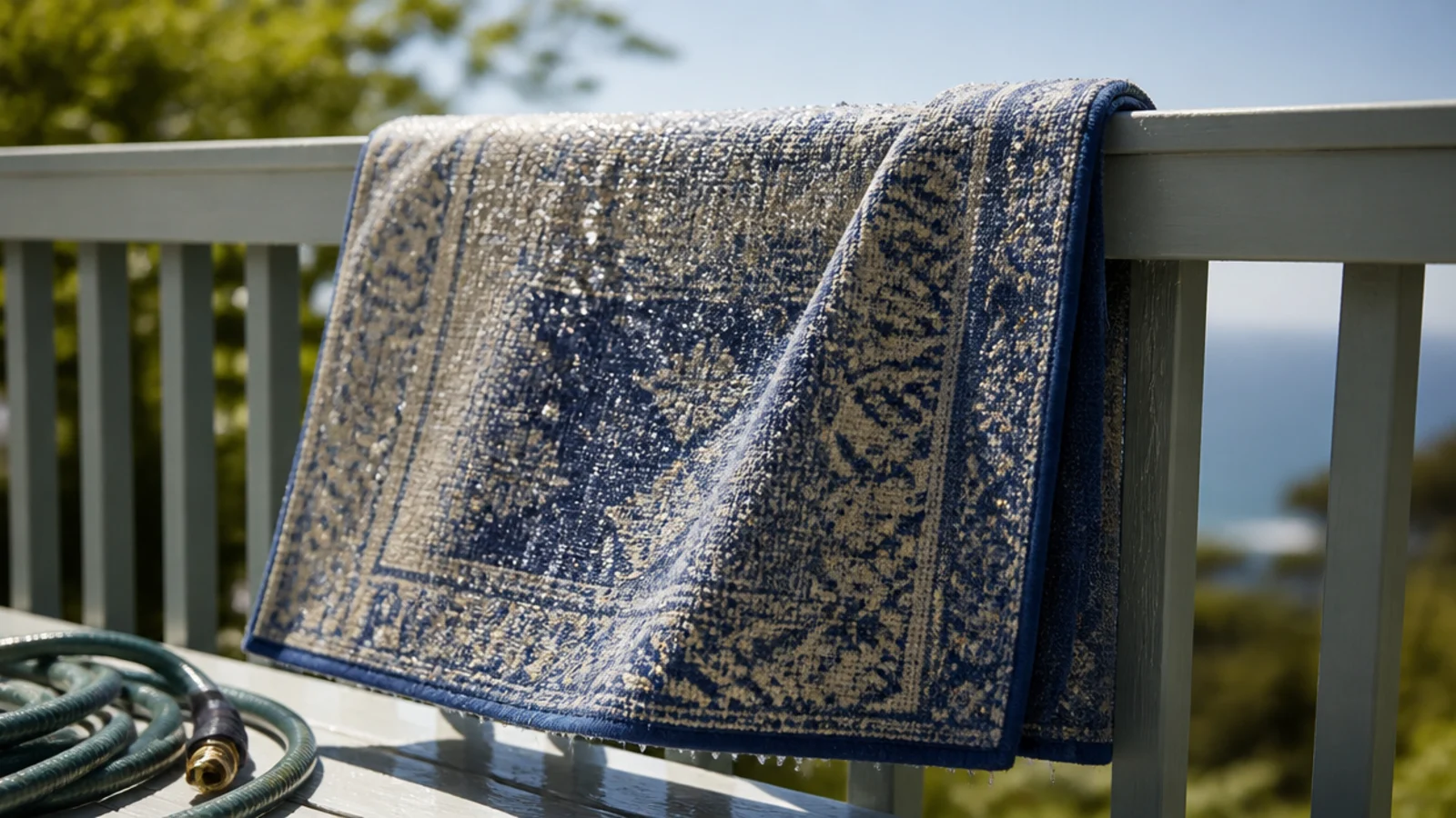 indoor outdoor rug propped on a rail after being hosed clean