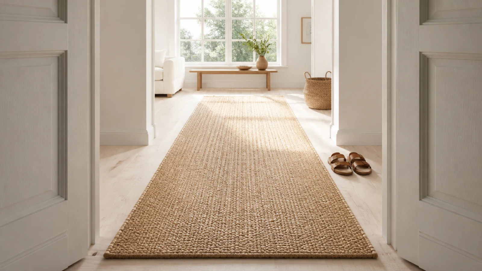 hard wearing sisal rug running from a doorway into a bright room