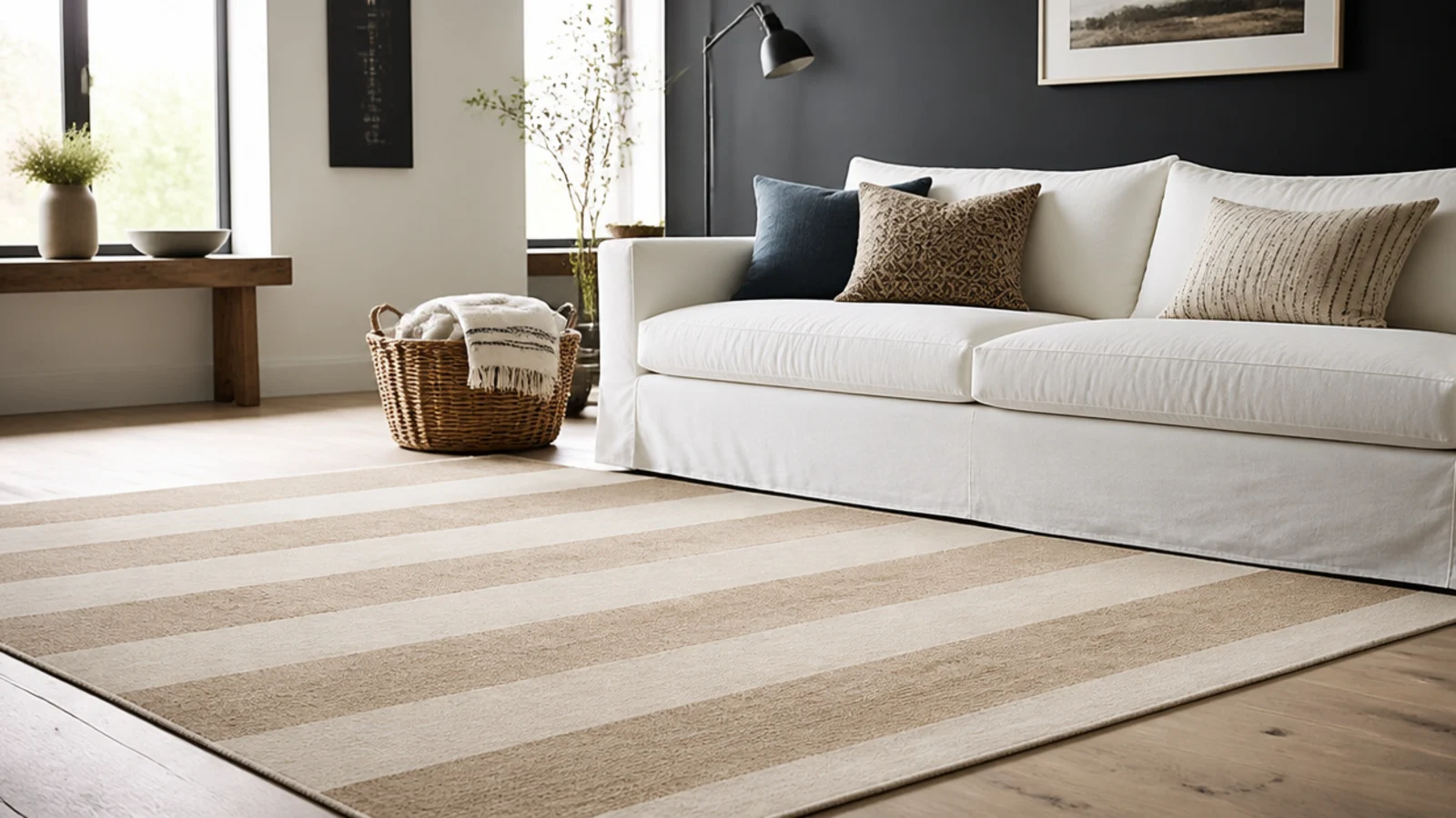 broad sand and ivory stripes running across a bright living space
