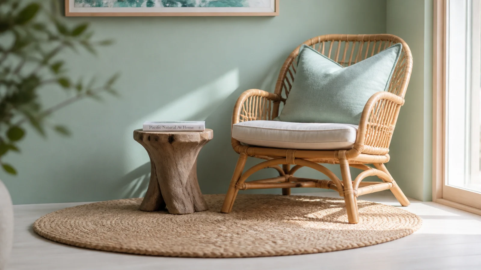 round woven natural fibre rug placed beneath a rattan armchair