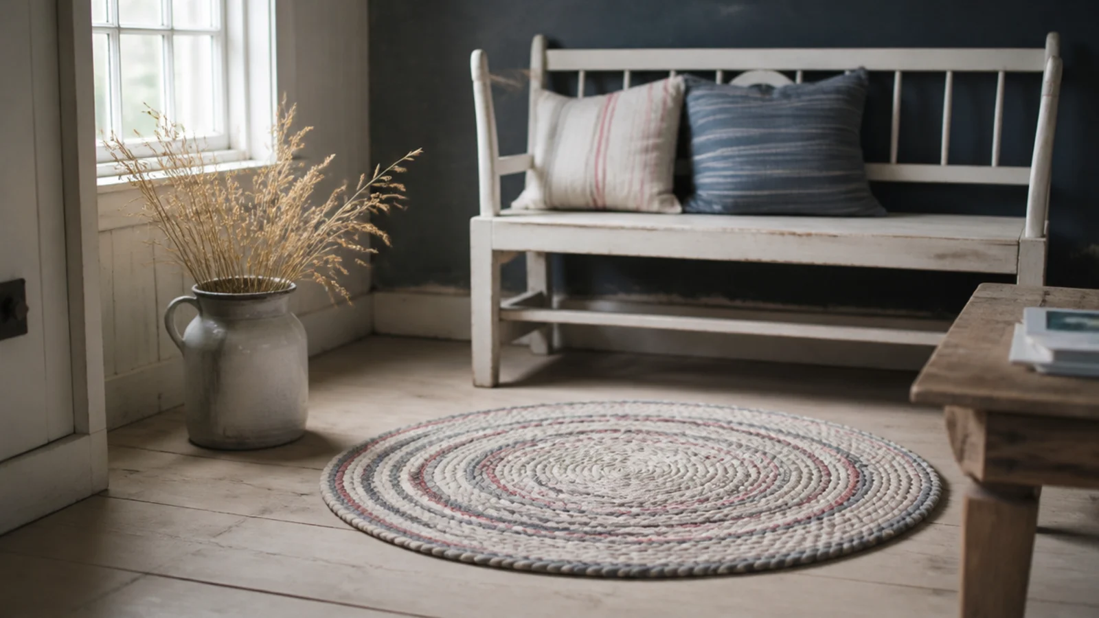 braided cotton rug coiled tightly in a small pale sitting room