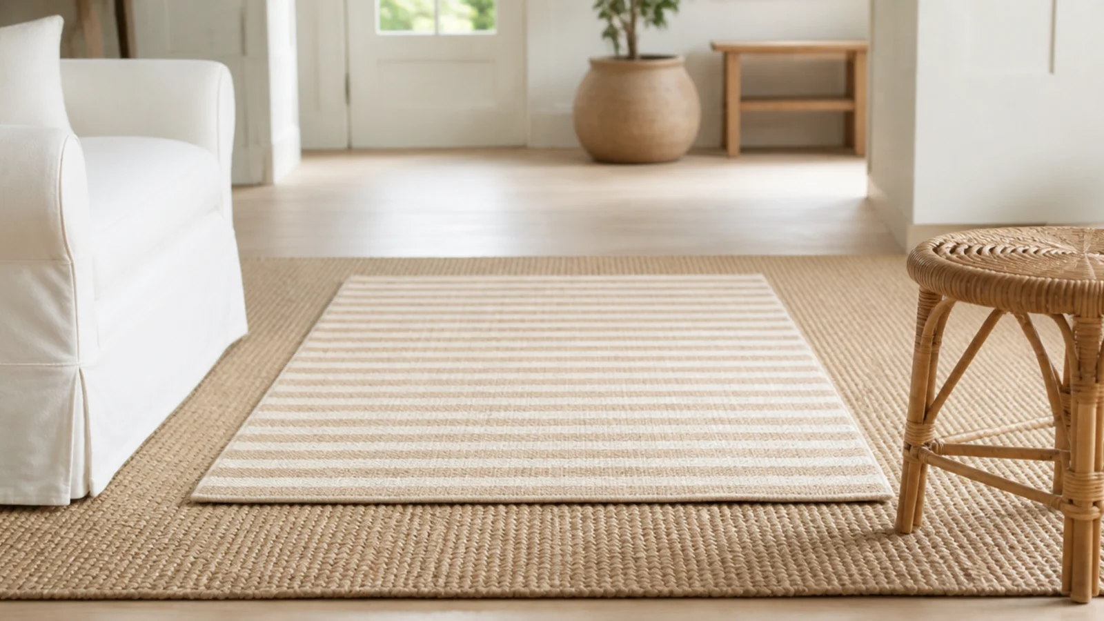 small striped flatweave layered centrally on a wide sisal base