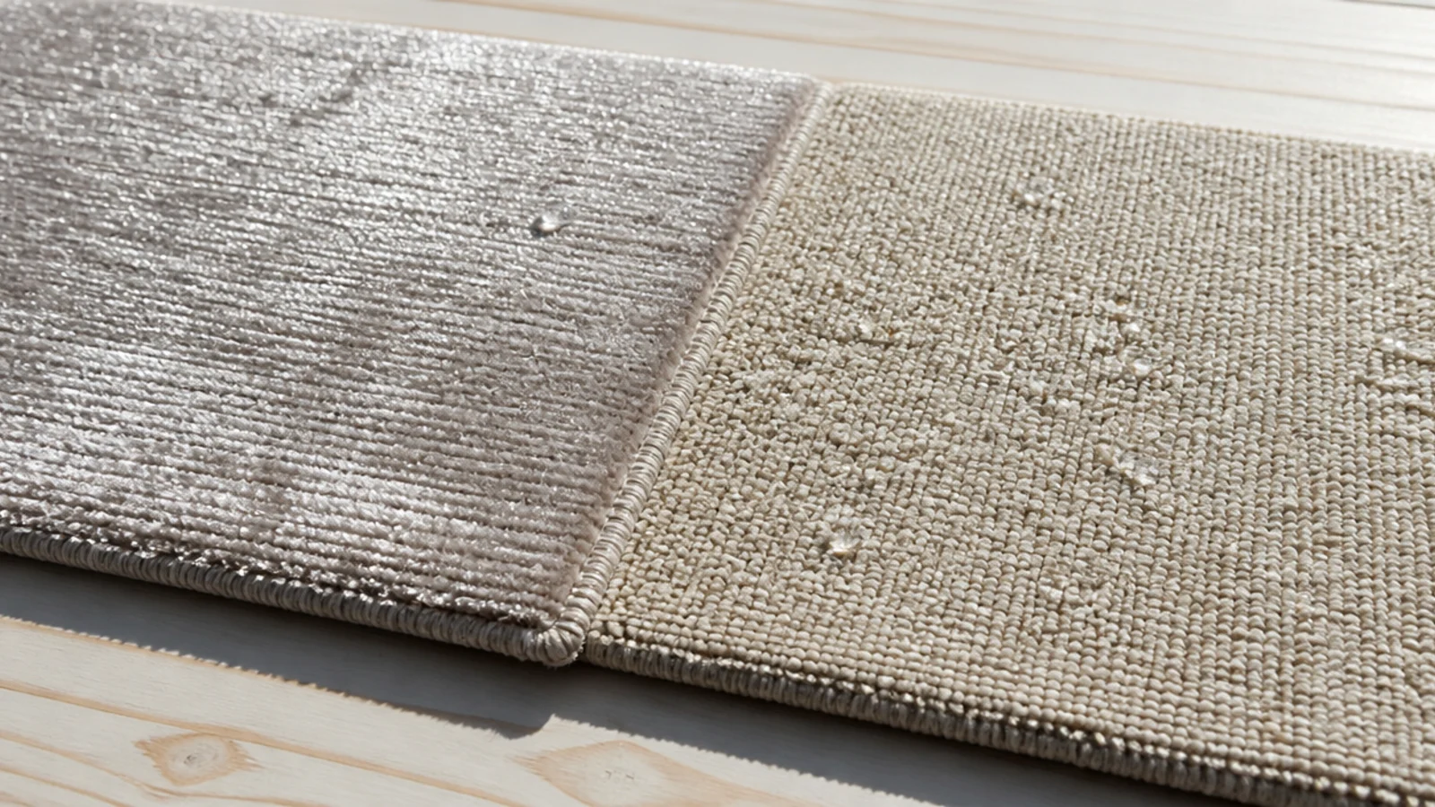 glossy viscose sample beside a matte polypropylene rug sample