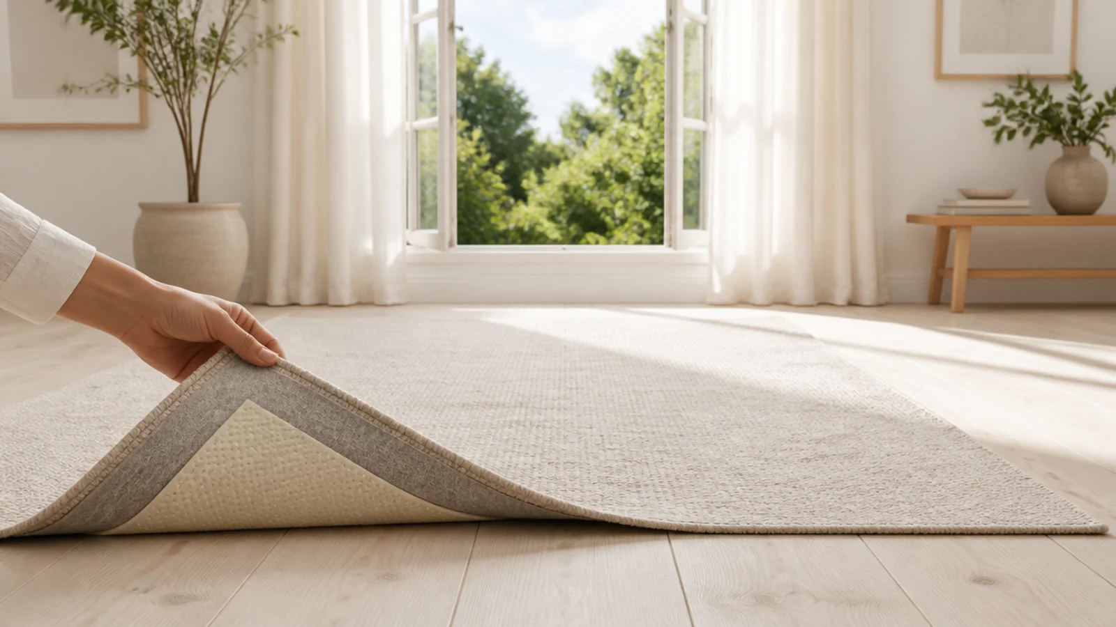 felt and rubber pad edge lifted on a pale floor in a bright room