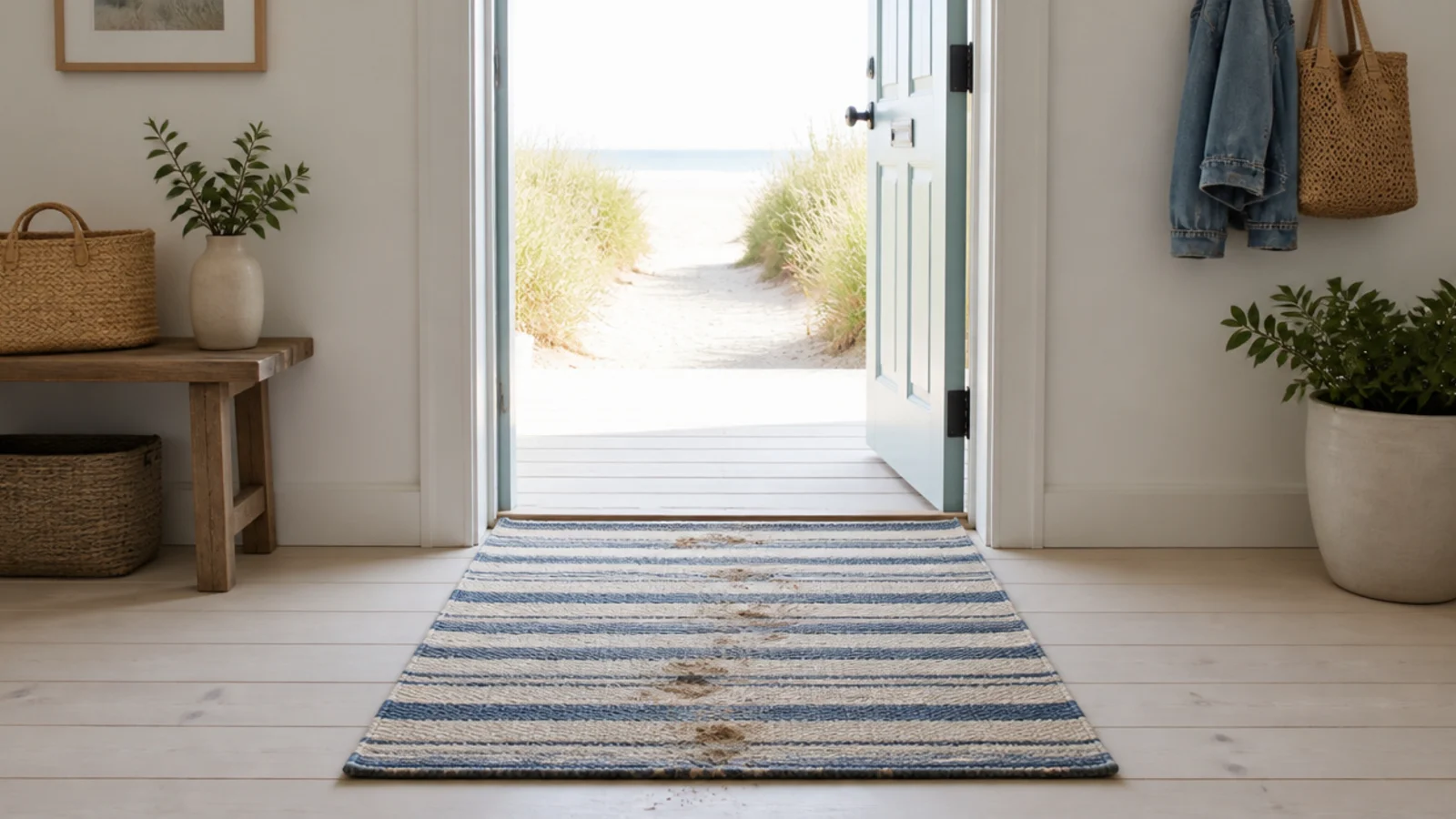 washable runner laid inside a doorway catching sand from outside