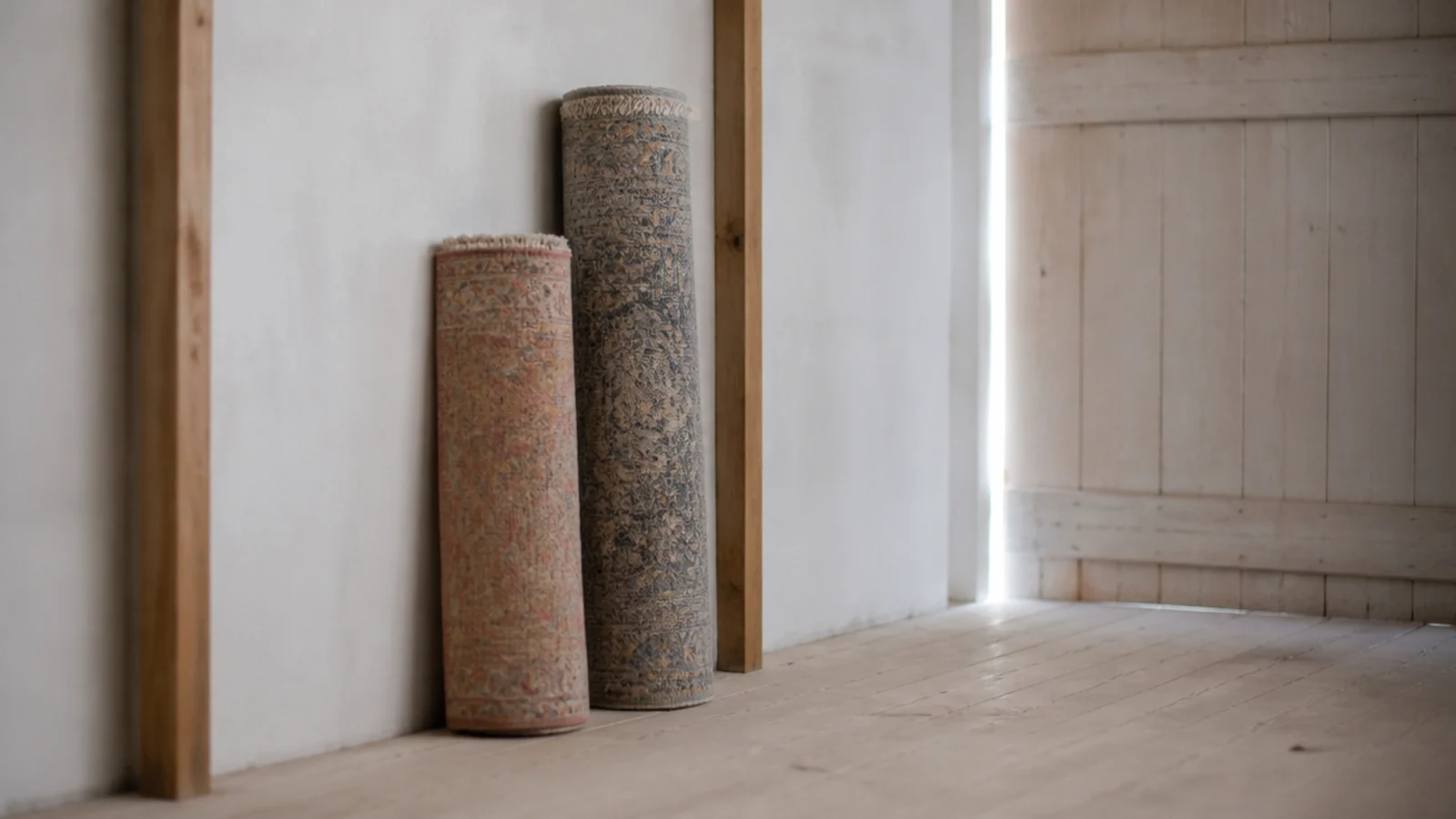 rolled rugs standing upright on battens in a closed up room