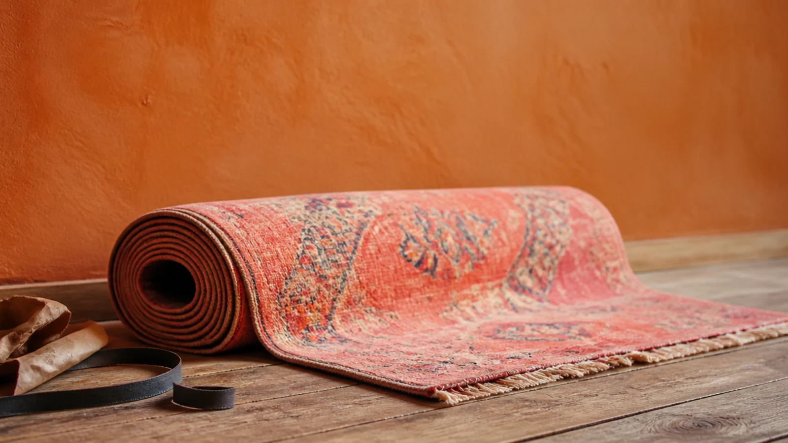 bright coral rug partly rolled beside its shipping wrap indoors