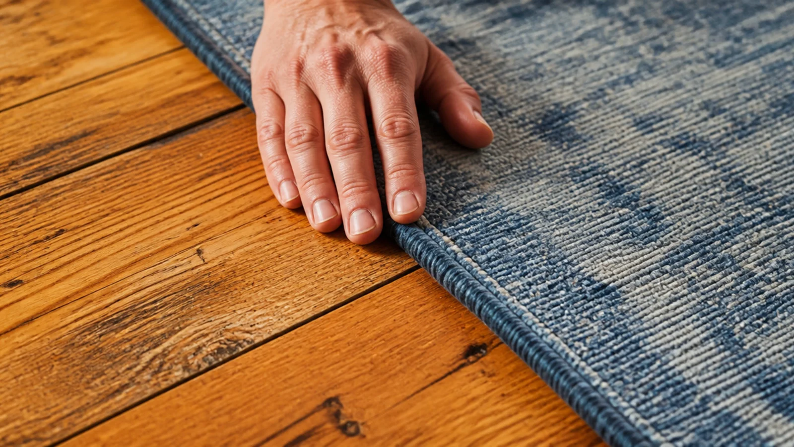 cool blue rug reading harshly against warm orange toned floorboards
