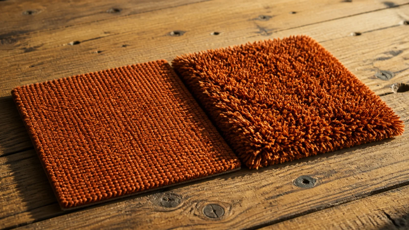 flat bright weave beside a deep shag in the same strong colour