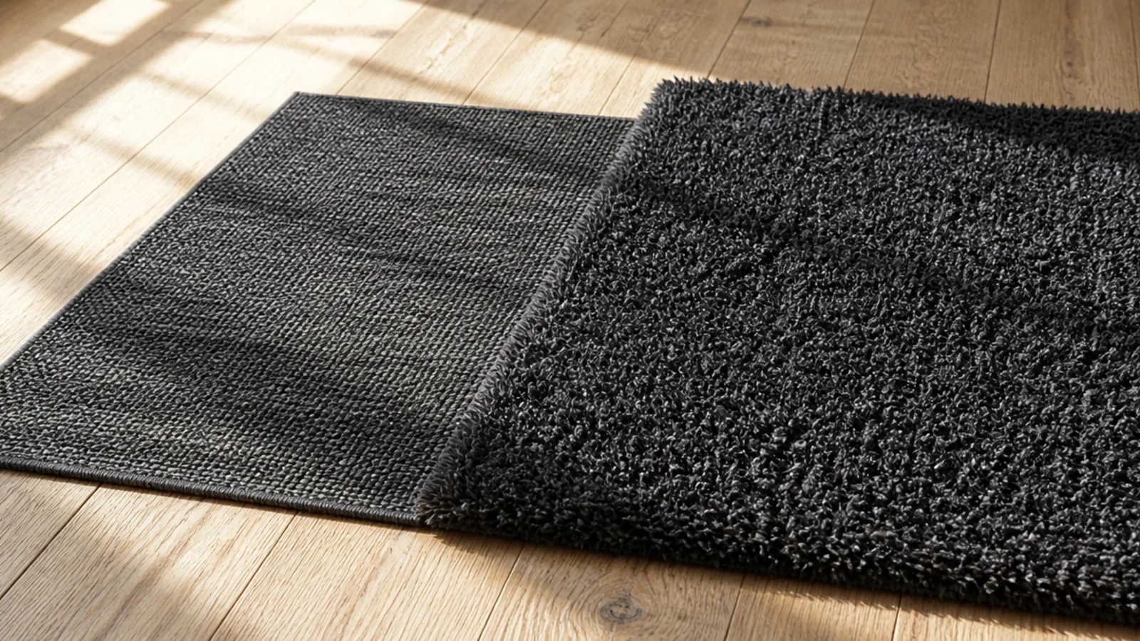 same dark colour shown in a flatweave and in a deep pile sample
