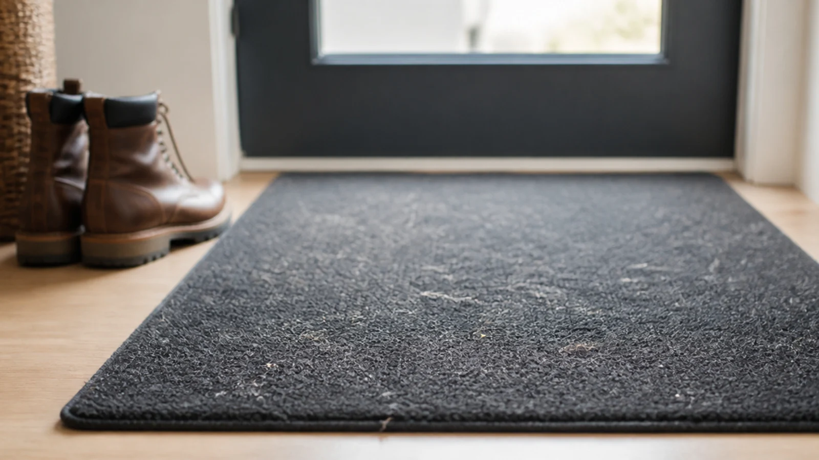 dark rug beside a doorway showing mud absorbed and lint visible