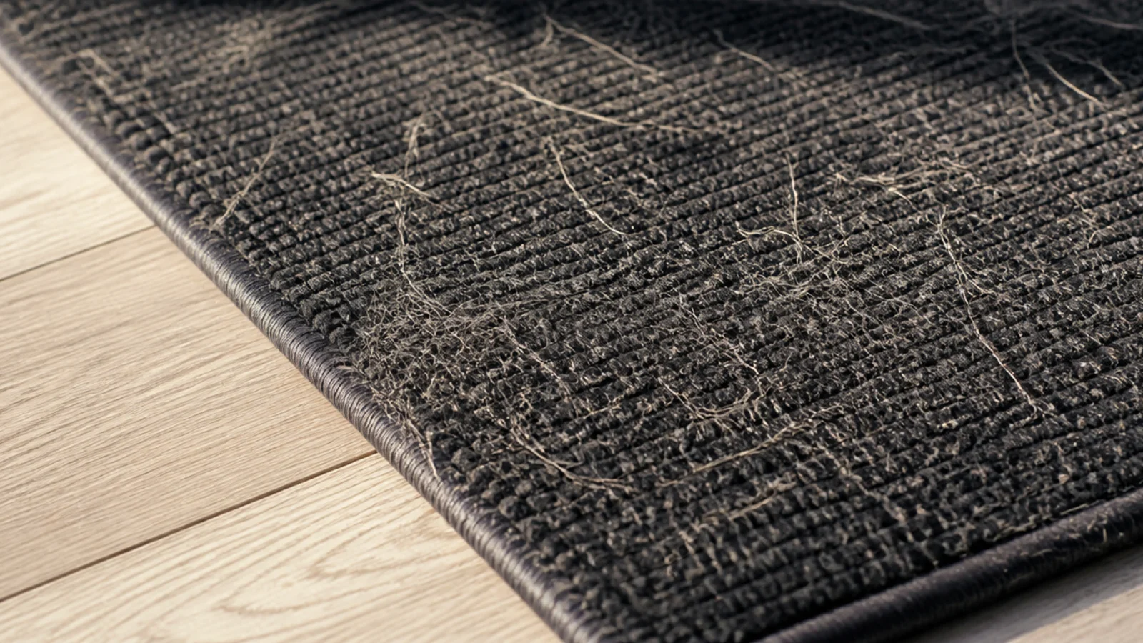 light coloured pet hair caught across a dark low pile rug