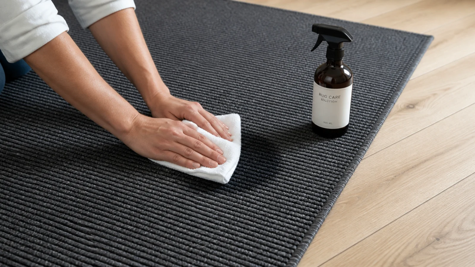 diluted bleach solution being blotted from a dark synthetic rug