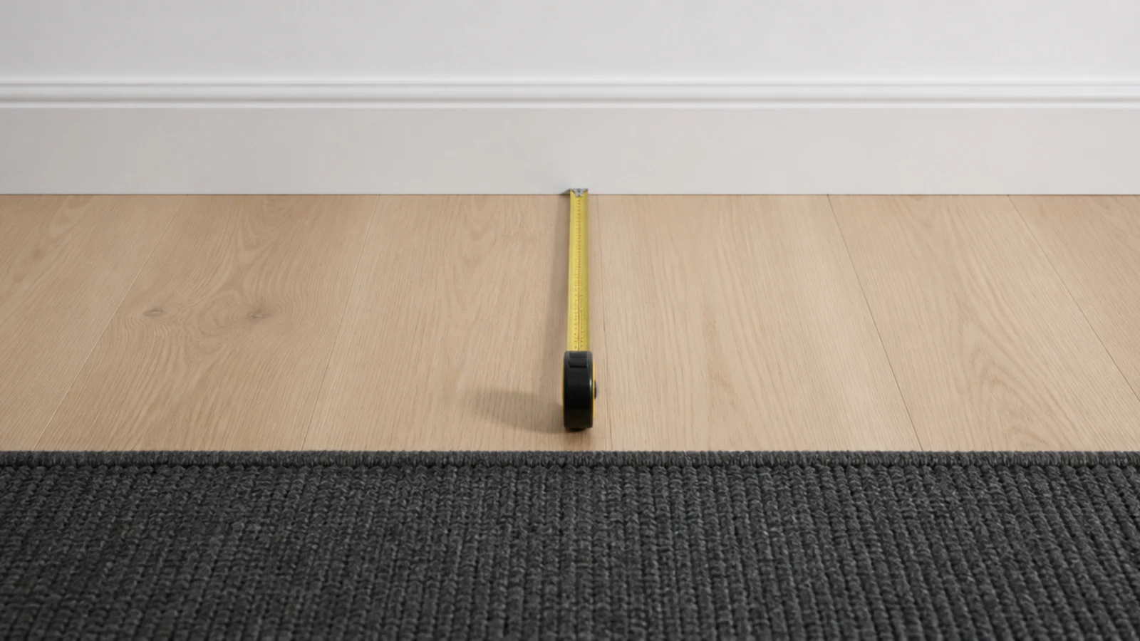 wide band of light oak boards framing a deep charcoal rug edge
