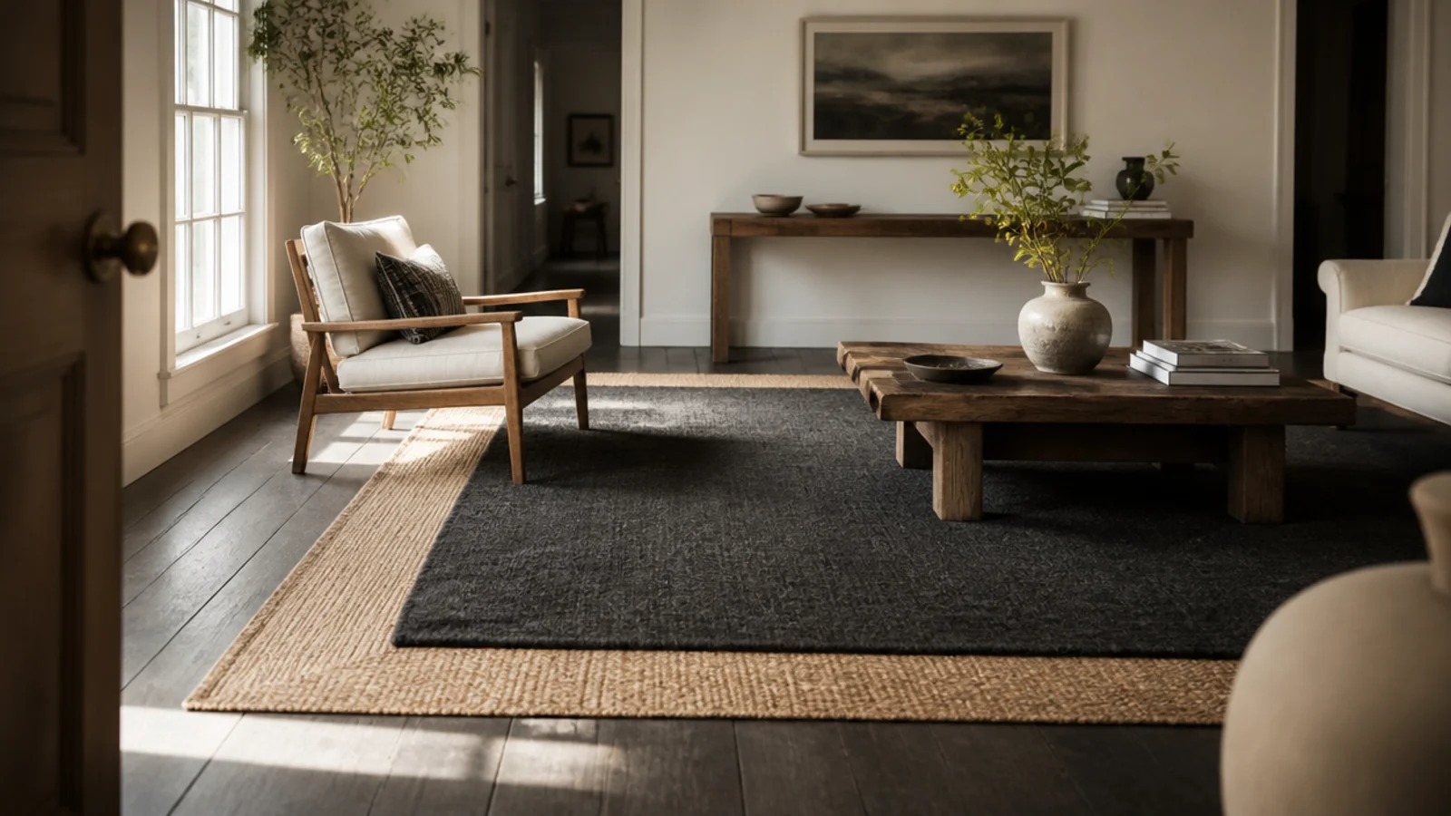 dark rug separated from dark boards by a visible lighter margin