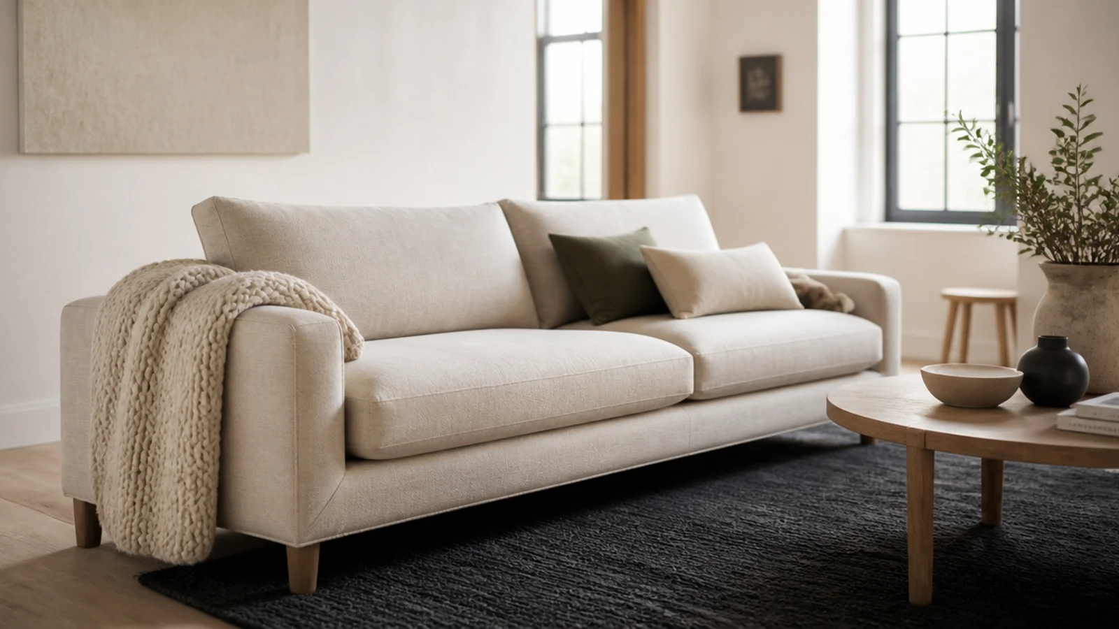 pale linen sofa standing on a deep charcoal rug in daylight