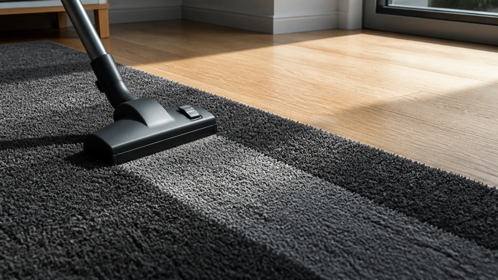 vacuum trail showing clearly across a dark pile rug surface