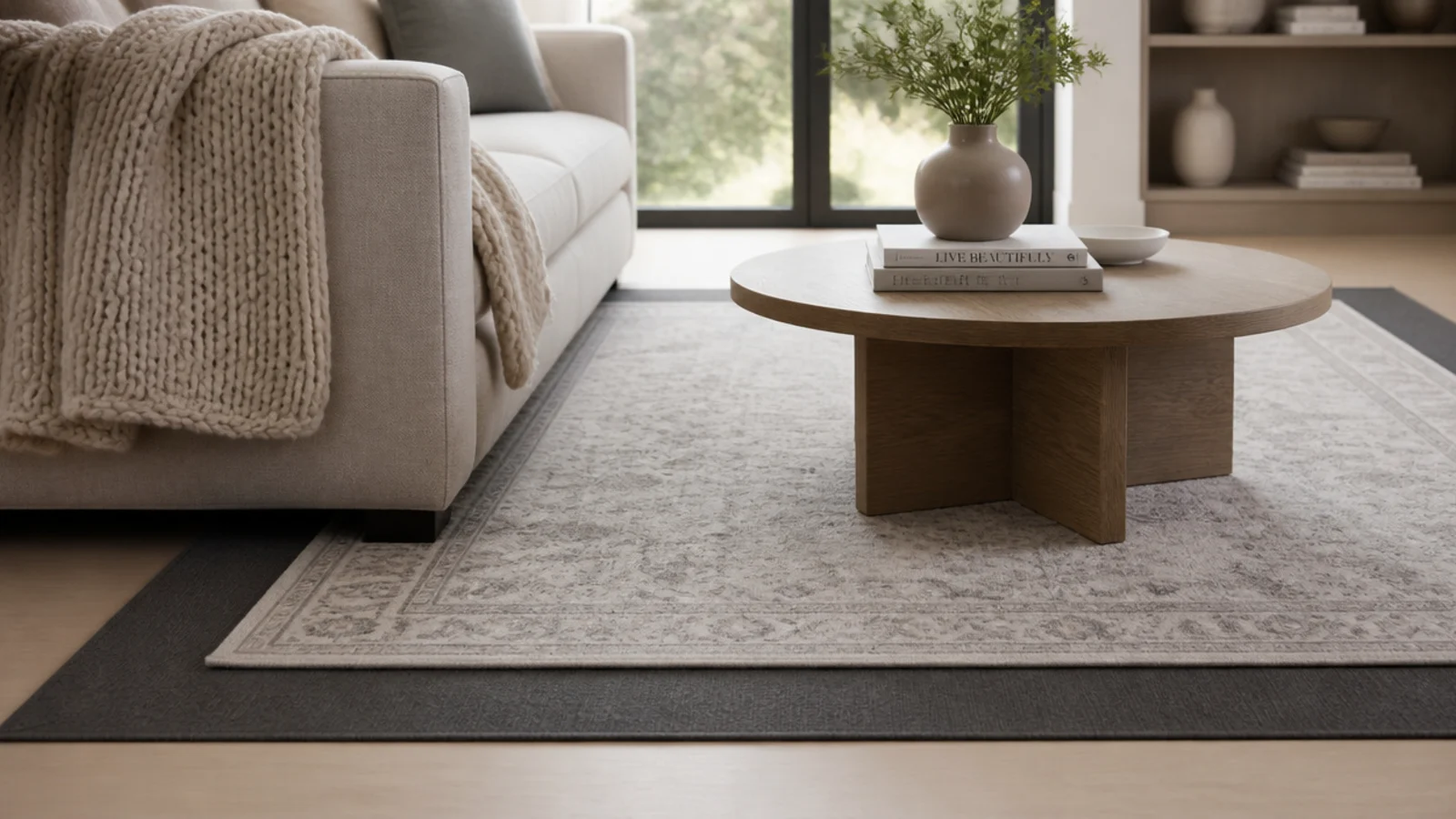 pale patterned rug centred on a wide dark base rug