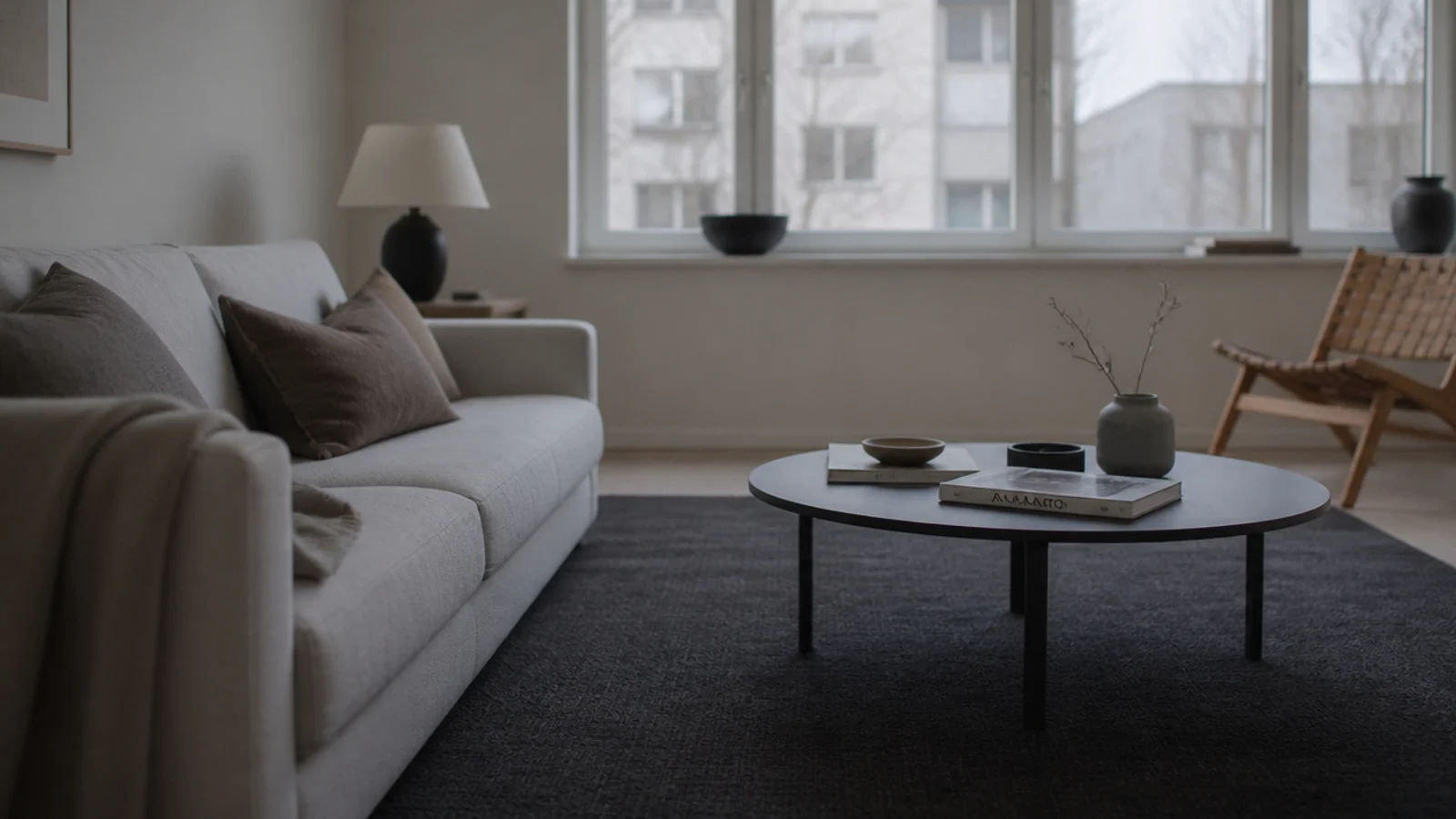 dim north facing room where a dark rug deadens the whole space