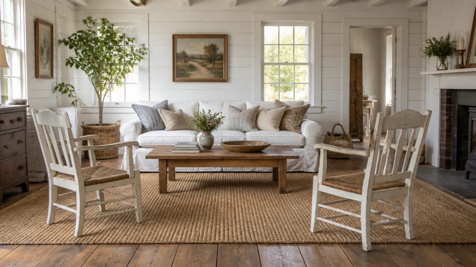 large jute rug covering most of a wide plank farmhouse floor