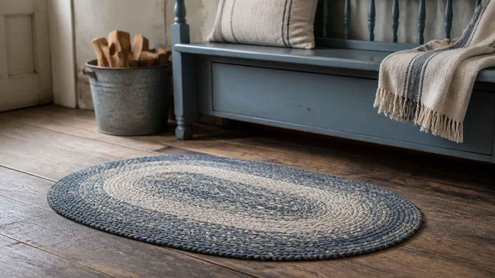 oval braided wool rug coiled tightly in front of a painted bench