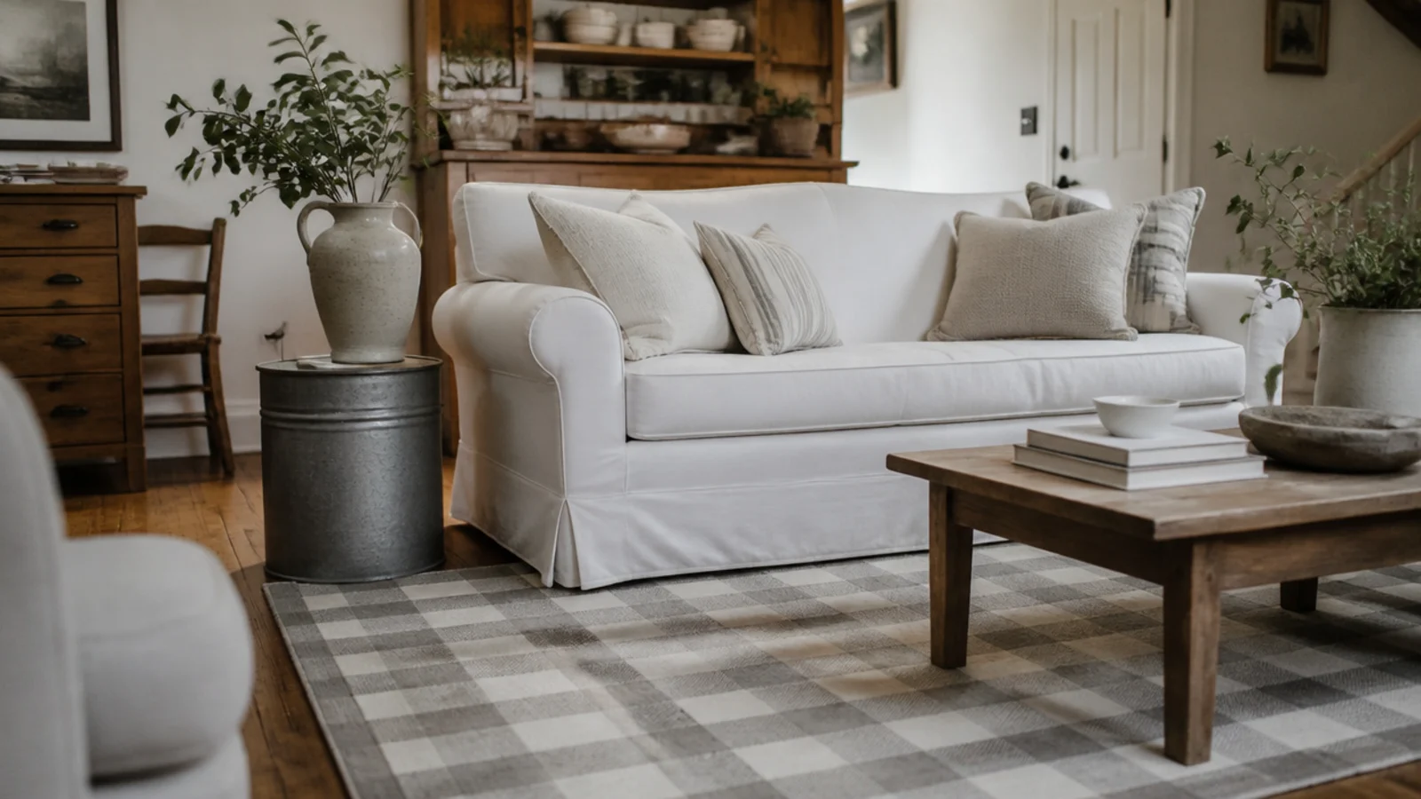 soft grey and cream buffalo check rug under a slipcovered sofa