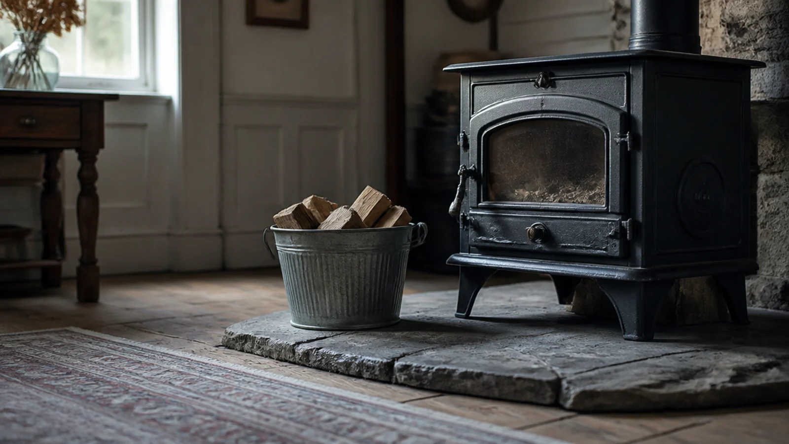 low pile rug ending well short of a cast iron wood burning stove