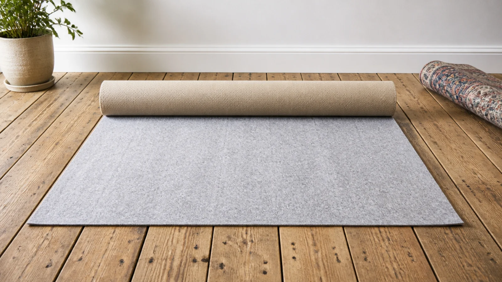 felt and rubber pad laid over wide boards with visible seasonal gaps