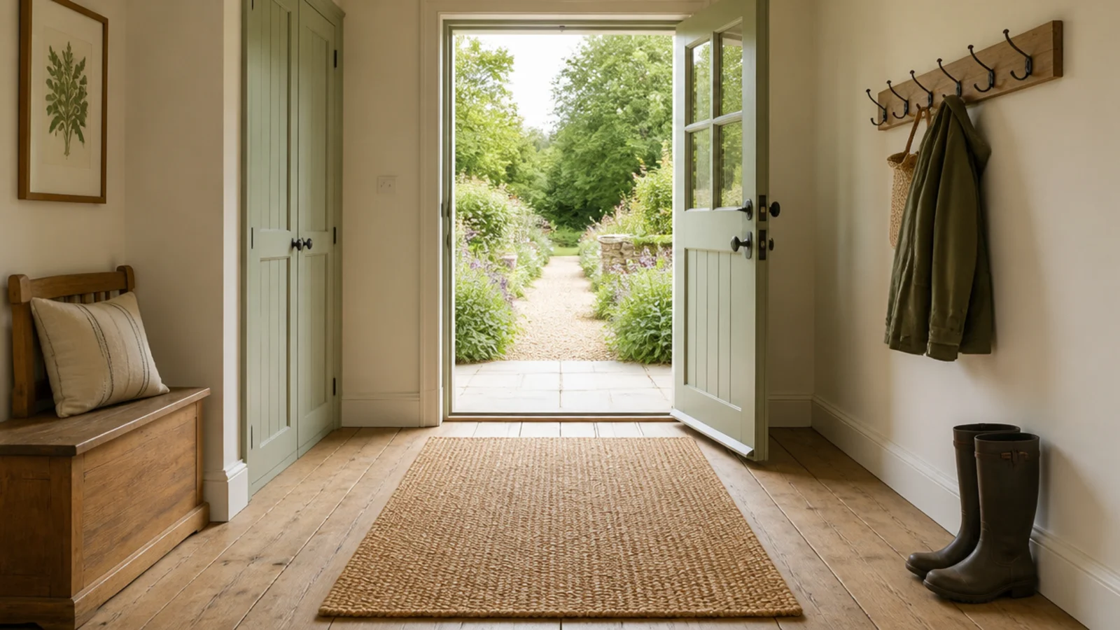 tightly woven seagrass rug in the route from a back door