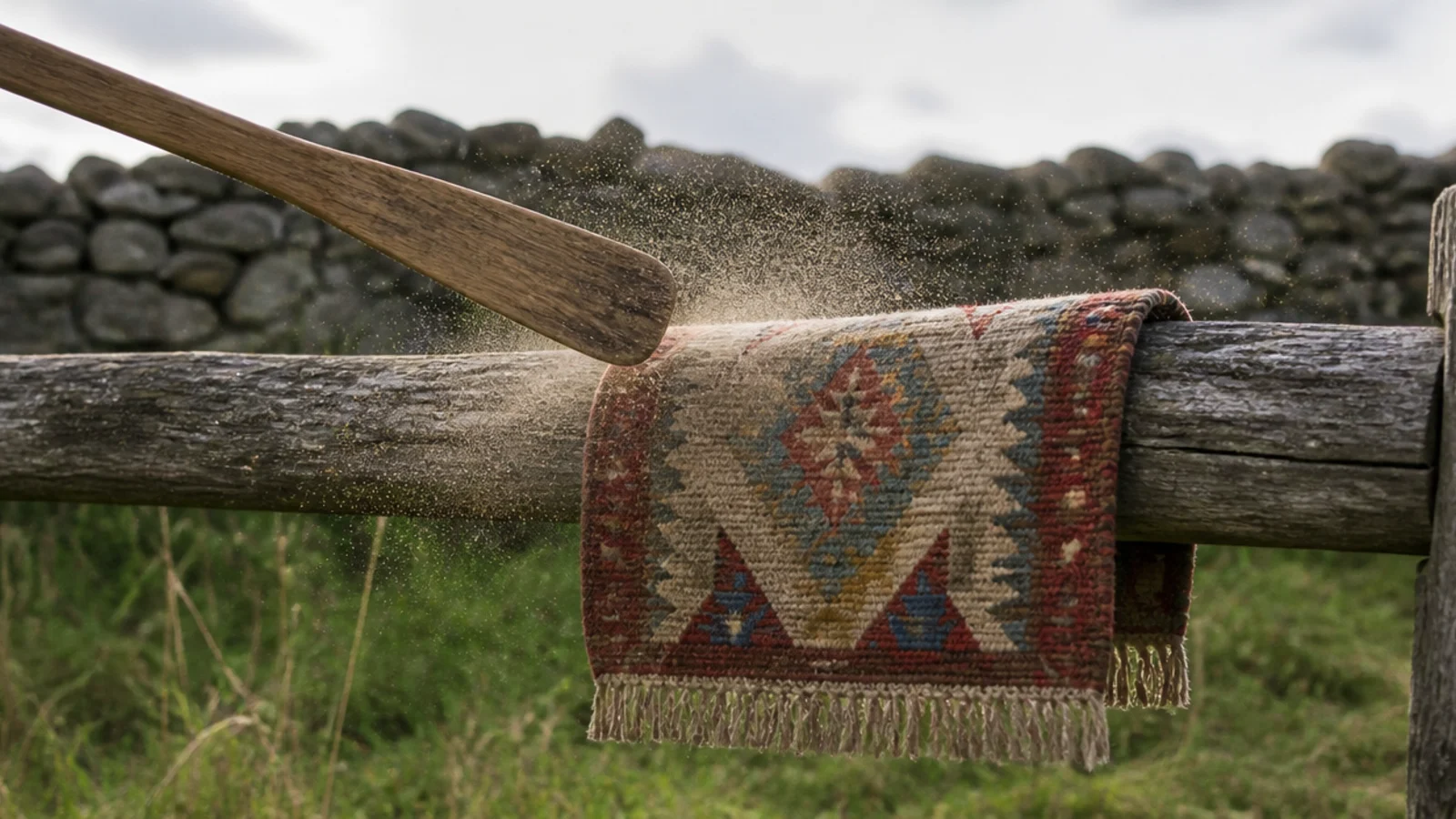 small rug hung over a fence rail being beaten clean outdoors