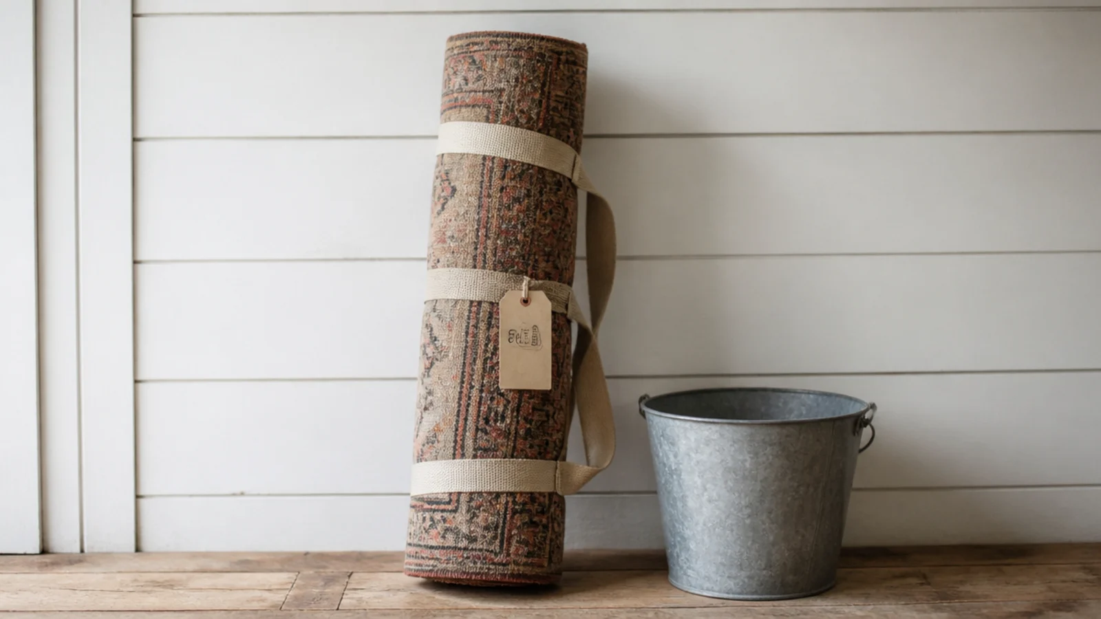 rolled secondhand rug tied and tagged ready for professional washing