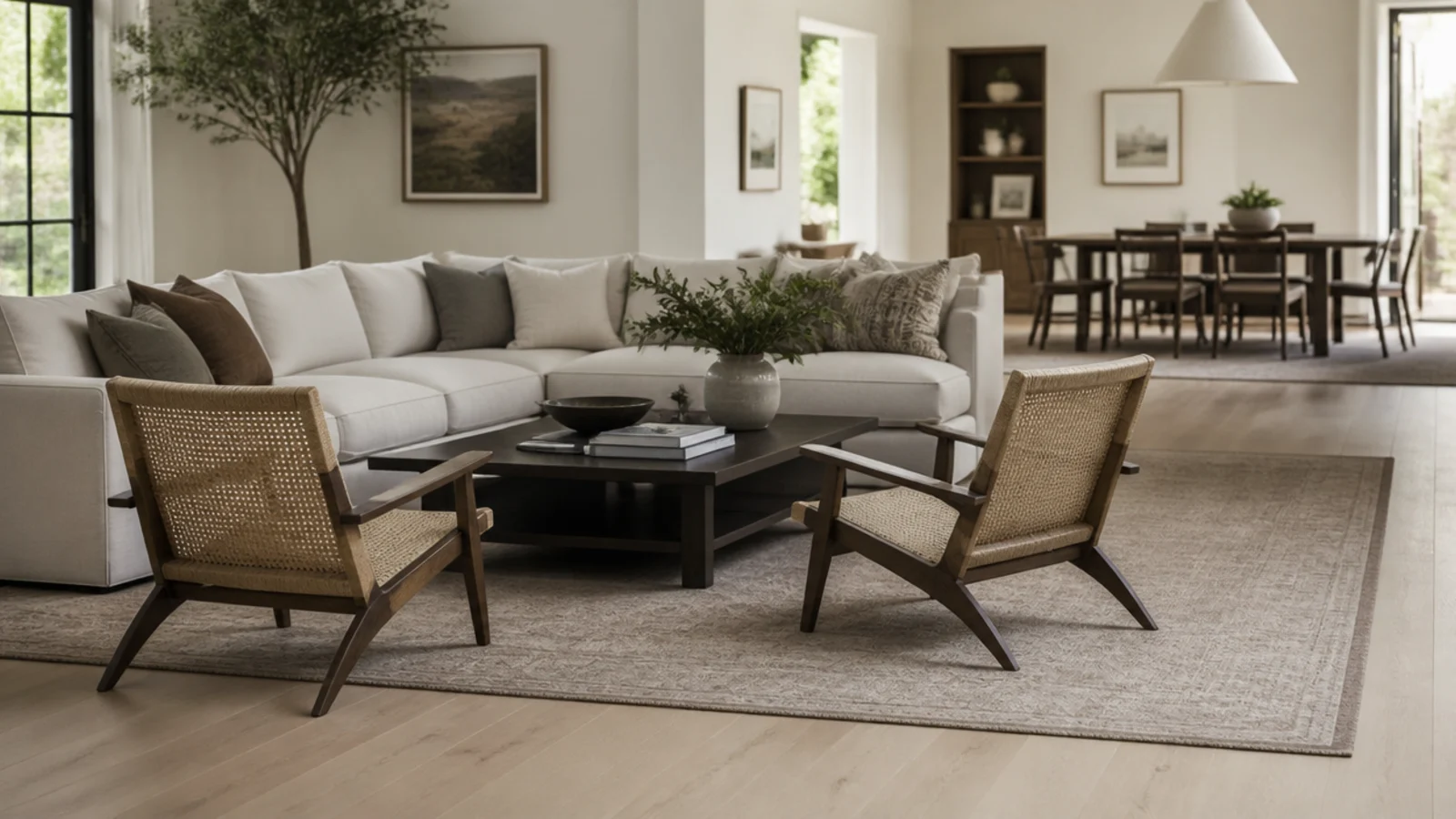 twelve by fifteen rug defining a seating zone in an open plan room