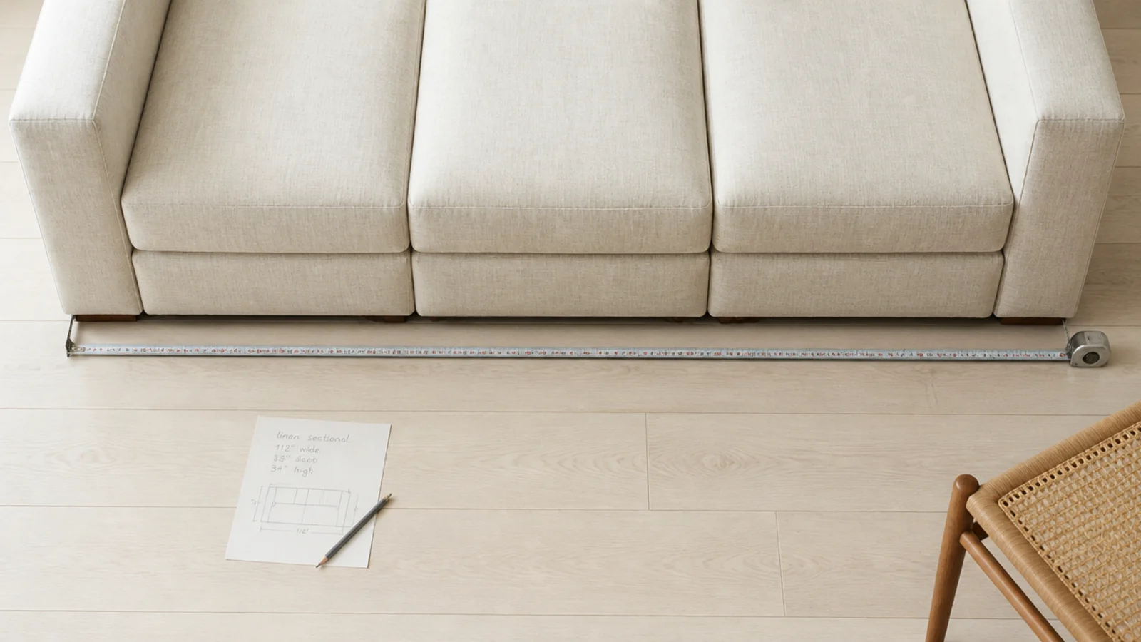 tape measure stretched between the outer arms of a large sectional