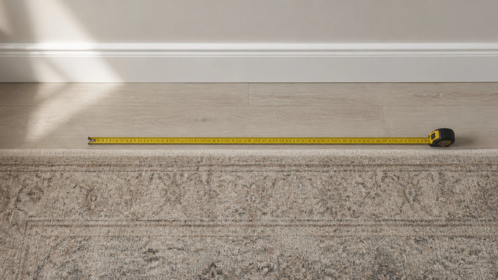 even band of pale ash floor showing between a rug and the skirting