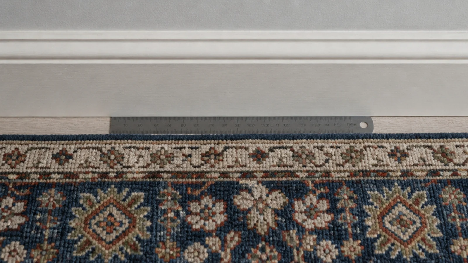 rug edge sitting too close to a wall leaving a narrow floor strip