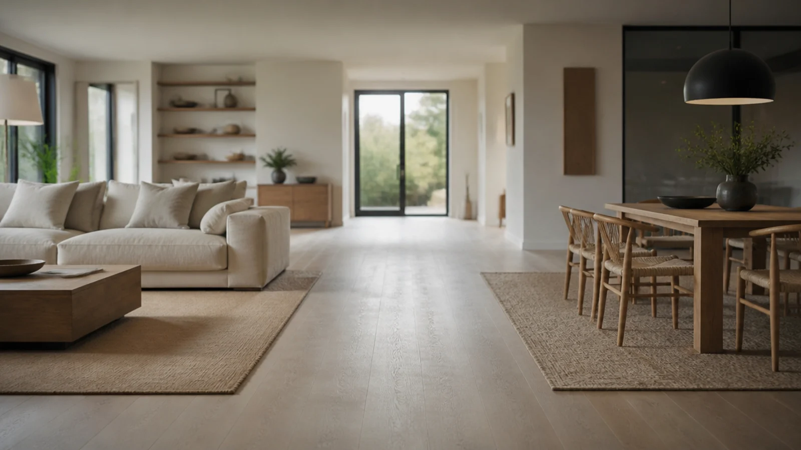 two large rugs marking separate zones with bare floor between